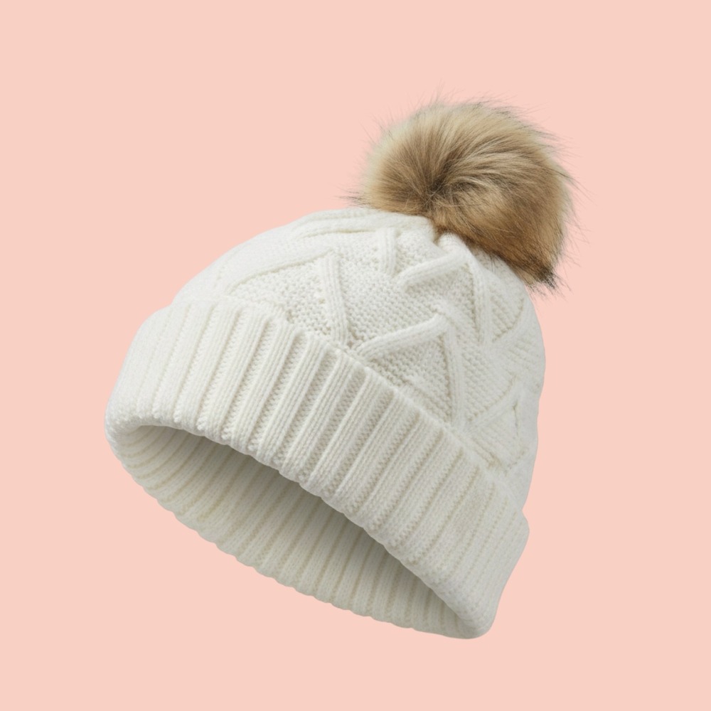 Callaway Golf Womens White Cable Knit Beanie Pom Pom Hat Micro Fleece Lined NEW